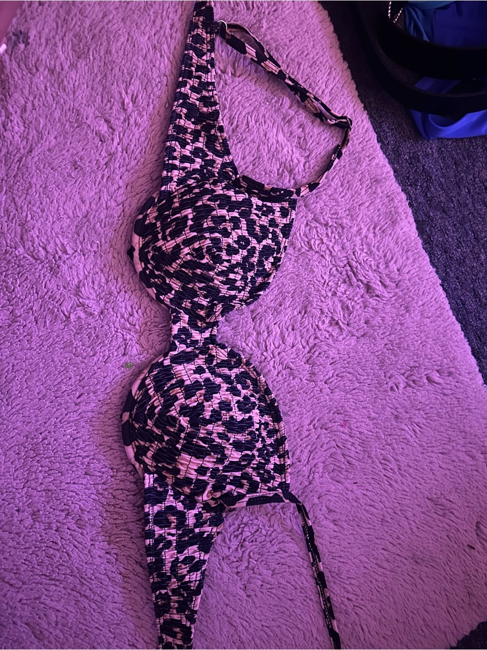 Textured Leopard Print Bikini Top in Black and White